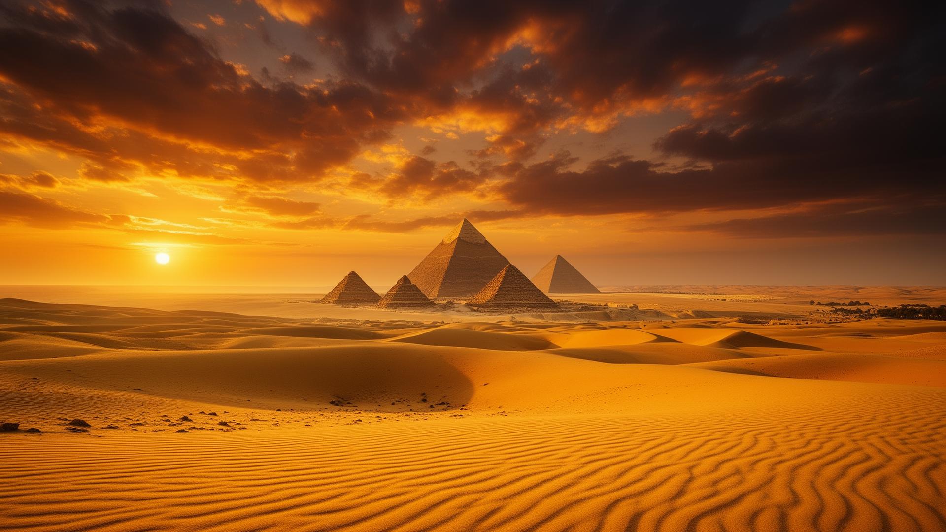 Egyptian desert at sunset with pyramids